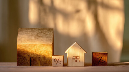 Percentage and wooden house sign symbol concept. Wooden blocks representing housing market and real estate trends.