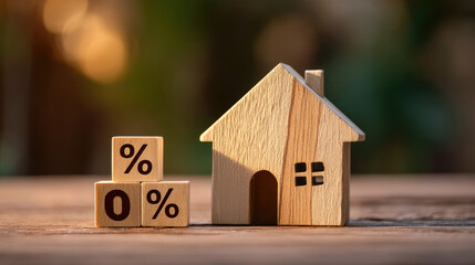 Percentage and wooden house sign symbol concept. Wooden house model with percentage blocks on a sunny table.