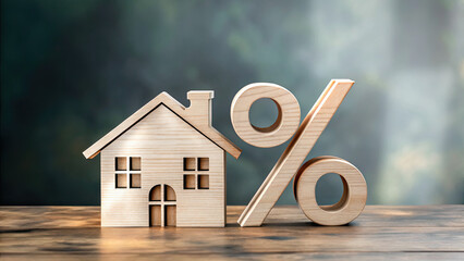 Percentage and wooden house sign symbol concept. Wooden house model with percentage symbol for real estate finance.