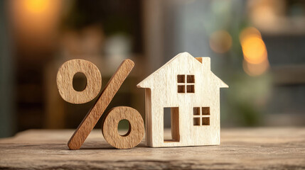 Percentage and wooden house sign symbol concept. Wooden house model with percentage symbol on a rustic table.