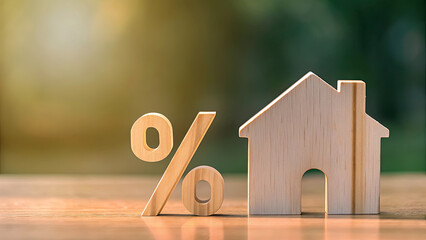 Percentage and wooden house sign symbol concept. Wooden house model with percentage symbol on a table.