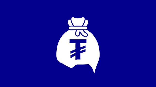 Tenge symbol bag melting animation on blue background