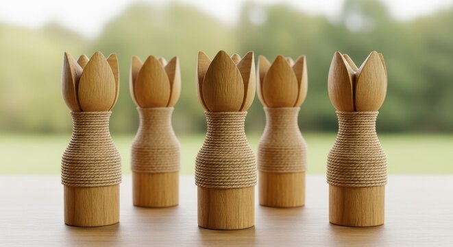 Five Rustic Wooden Tulip Buds Standing on Table, Wrapped in Jute Rope, for Eco-friendly Home Decor and Zen Design Concept.
