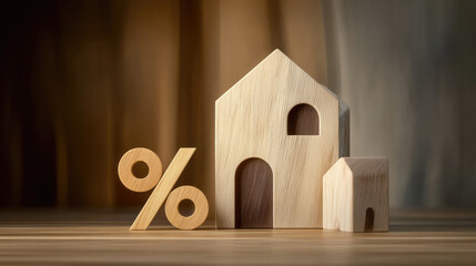 Percentage and wooden house sign symbol concept. Wooden house models with percentage symbol on a wooden background.