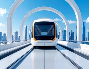 Futuristic high-speed train on elevated tracks with modern city skyline and blue sky
