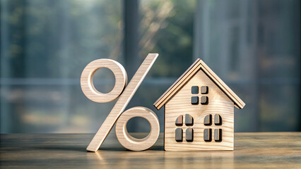 Percentage and wooden house sign symbol concept. Wooden percentage symbol and house model on a desk.