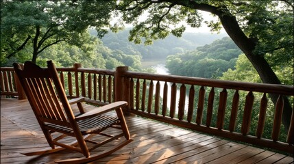 Obraz premium A wooden rocking chair on a porch overlooking a serene river valley, bathed in the soft light of a summer day.