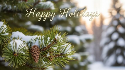 Close-up of a pine cone and evergreen branches covered in snow, with the soft focus text 'Happy Holidays' overplayed.
