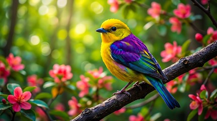 Fototapeta premium Colorful bird sitting on branch with blooming flowers in nature 
