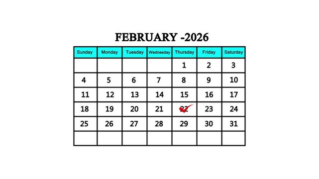 The calendar of 9February month 22th day is red  check mark, looped animation. A very important date in the calendar. Signing a day on a calendar. white background
