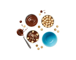 Fototapeta premium Two pots of melted chocolate cream with hazelnuts and a blue bowl, all set against a white background.