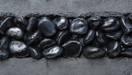 Wet, black pebbles in concrete border; textured surface