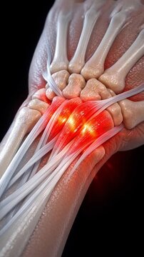 Inflamed wrist tendon and ligament anatomy showing medical pain and connective tissue inflammation with glowing red focal points suggesting injury and swelling Inflamed wrist joint showing medical