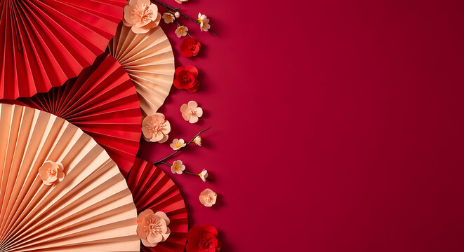 Chinese new year decoration with red and gold paper fan border