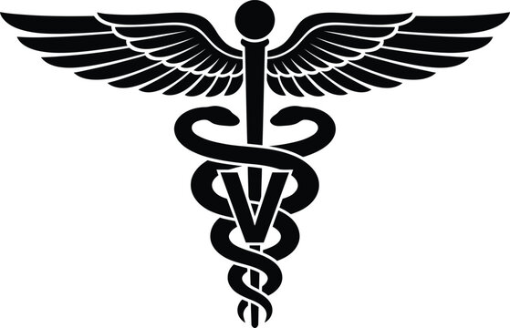 Black and white veterinary caduceus symbol with letter v in the center