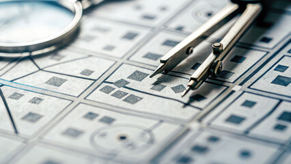 Urban planner examines map with magnifying glass concept. Architectural drafting tools on a blueprint design.