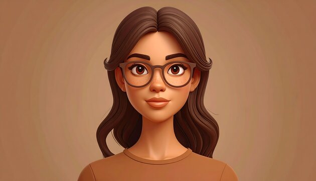 A digital illustration depicts a young woman with brown hair and glasses in a brown top, against a monotone background