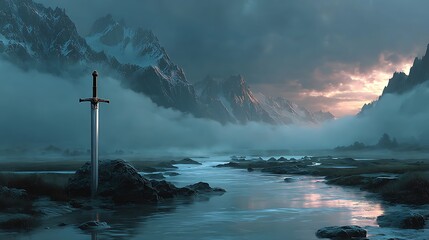 Sword in a misty mountain landscape with a river at sunset mountains