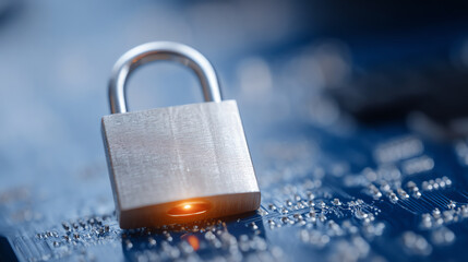 A close-up shot of a metal padlock on a circuit board, symbolizing cybersecurity and data protection in the digital age.