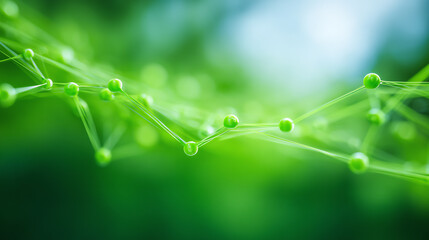 A close-up of interconnected green molecular structures representing nature and innovation in science and technology.