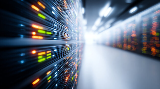A close-up view of server racks with colorful LED lights in a modern data center, showcasing advanced technology and innovation. - Powered by Adobe