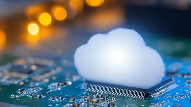 A conceptual image showcasing a cloud above a circuit board, symbolizing cloud computing and digital innovation. - Powered by Adobe