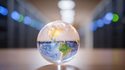 A crystal globe resting on a table, symbolizing global connectivity and modern technology in a digital environment.