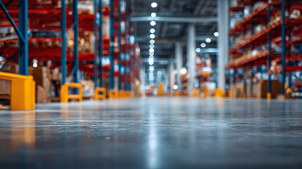 Obraz premium A detailed view of a modern warehouse interior, showcasing shelves filled with products and a clean, polished floor.