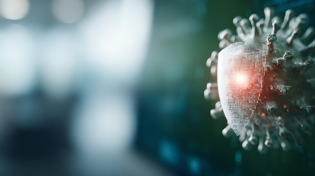 A detailed close-up of a virus particle showcasing its structure and intricate features with a blurred background. - Powered by Adobe