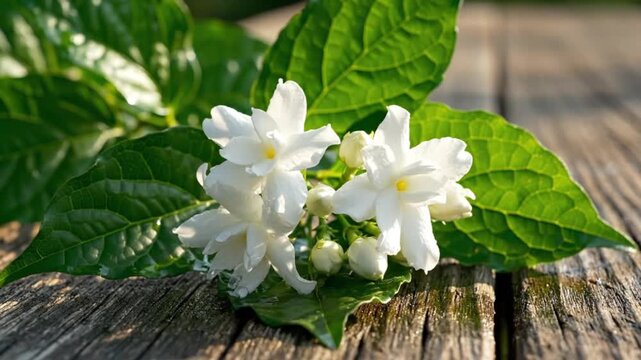 White jasmine flowers  buds rest on weathered wood surrounded by lush green leaves in bright lighting