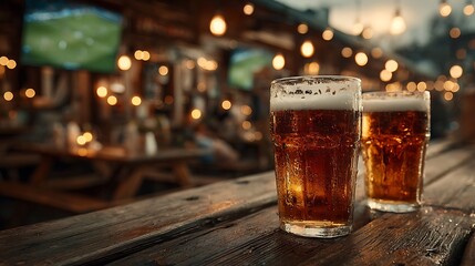 Two glasses of amber beer on a wet wooden table at a bar with bokeh lights frothy