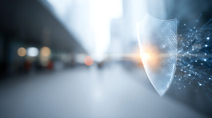 A digital shield symbolizes protection in a modern urban setting, highlighting security in today's technology-driven world.