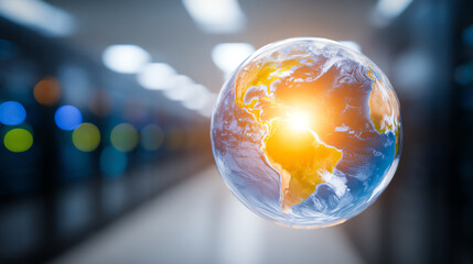 A digital representation of Earth with glowing light effects, symbolizing innovation in technology and global connectivity.