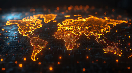 A digital world map illuminated with glowing orange lines, representing global connectivity and advanced technology.
