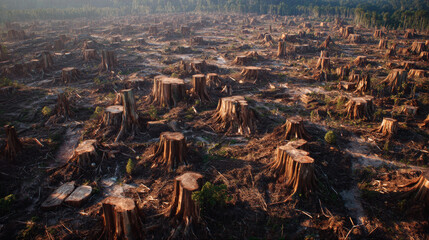 Large cleared forest area with numerous tree stumps and exposed soil after logging or deforestation