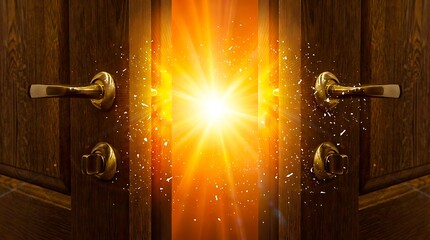 Open wooden door with glowing golden light and hope concept
