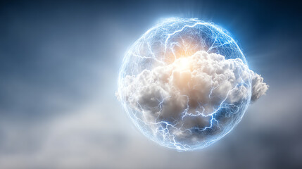 A dramatic scene depicting a stormy orb of clouds illuminated by electric energy, representing the power of nature.