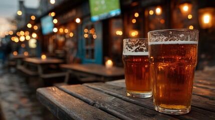 Two Pints of Beer on an Outdoor Pub Table at Dusk image photo
