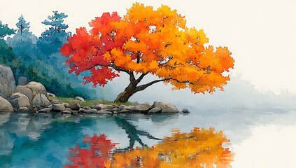 Vibrant Autumn Tree Reflecting in Calm Water fall leaves