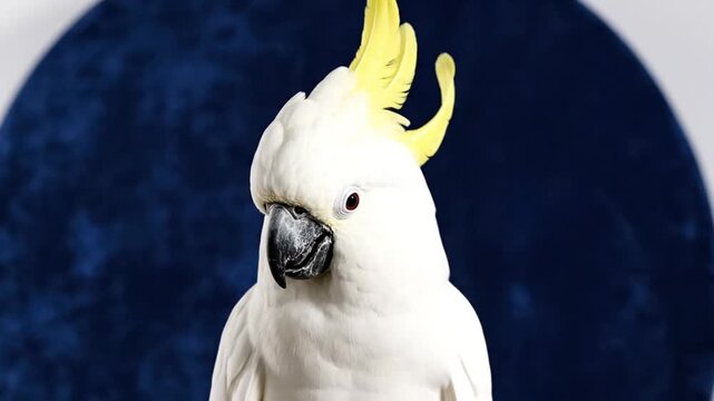 White parrot portrait yellow crest black beak blue backdrop