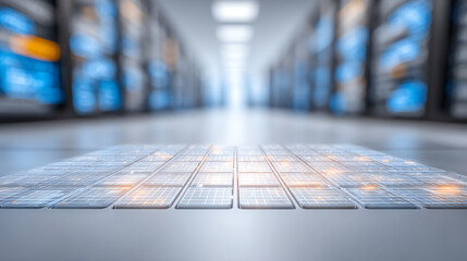 A futuristic view of a data center with servers and illuminated tiles, showcasing advanced technology and connectivity.