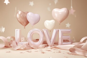 Three dimensional sculpted letters spelling the word love are adorned with heart shaped balloons and silky ribbons