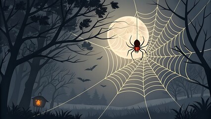 a digitally rendered halloween scene depicts a large spider suspended in its web before a glowing full moon with silhouetted trees and bats