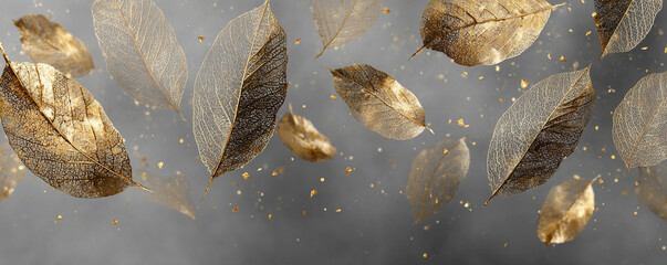 Abstract composition of golden skeletal leaves scattered over soft gray haze 32k ultra HD