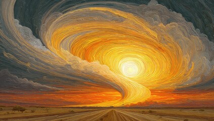 Tornado of swirling yellow & grey clouds over flat land