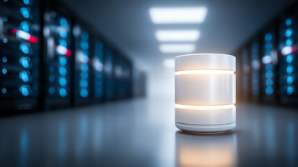 A sleek data storage device illuminated in a modern server room, showcasing advanced technology and digital innovation.