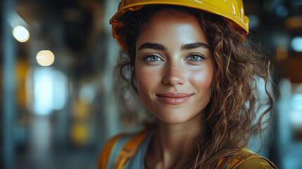 Fototapeta premium A smiling young woman in a hard hat and safety gear, showcasing confidence in a construction environment.