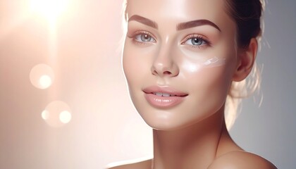 A close-up of a fair-skinned woman, smiling, with cream on her face, and subtle bokeh in the background