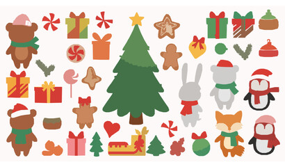 Cute cartoon Christmas vector set with animals tree gifts toys and sweets isolated on white