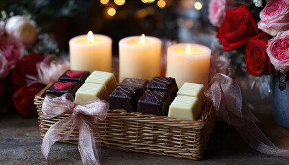 Three glowing pillar candles illuminate a woven basket filled with assorted gourmet chocolates and surrounding roses